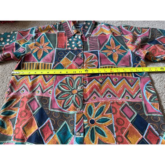Vintage 100% Silk Patchwork Button Up Shirt Wearable Art Artsy Geometric Hippie - Picture 5 of 8